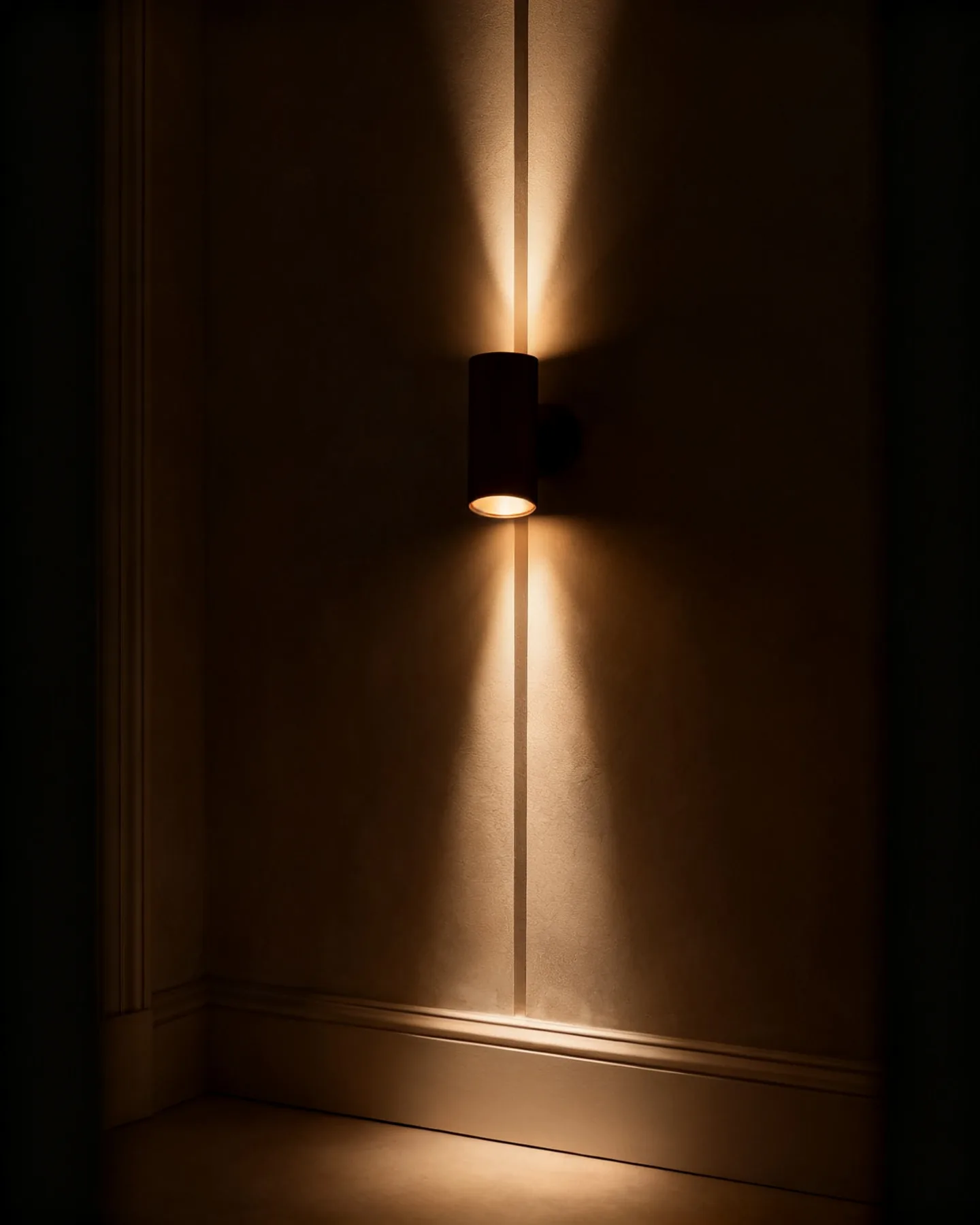 A cylinder sconce throwing one column of light up and one down